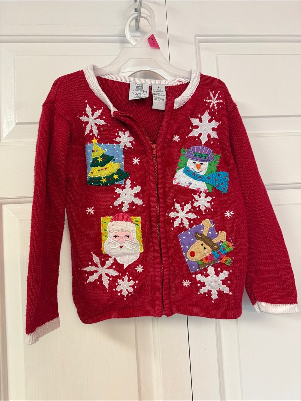 Tiara Red Holiday Zip Front Sweater with Festive Appliqués